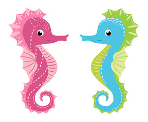 Pair of seahorses, scandinavian style hippocampus, hand drawn, pink and turquoise, boy and girl, love