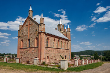 Fototapeta na wymiar Old ancient church of Saints Peter and Paul in Zhuprany, Grodno region, Belarus.