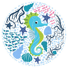 Seahorse, Scandinavian style hippocampus, hand drawn, among seaweed, starfish, seashells, fish