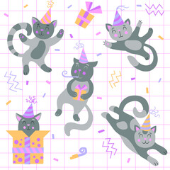 Cute cats in various poses, a birthday cap on the head, the cat is whistling in a birthday whistle, the cat sits in a gift box. Set. Poster, seamless pattern, postcard.