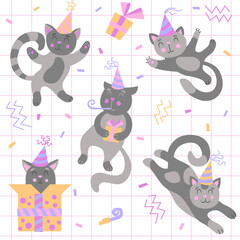 Obraz na płótnie Canvas Cute cats in various poses, a birthday cap on the head, the cat is whistling in a birthday whistle, the cat sits in a gift box. Set. Poster, seamless pattern, postcard.
