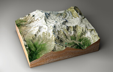 Mount Rosa map, relief height, mountains. Alps, Switzerland. Dufour. 3d render. Element of this image is furnished by Nasa