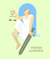 Fototapeta premium Themis, the goddess, sits on the windowsill in one hand holding a sword, in the other hand hold - scales, the blindfold is shifted. Poster, postcard.