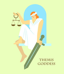 Themis, the goddess, sits on the windowsill in one hand holding a sword, in the other hand hold - scales, the blindfold is shifted. Poster, postcard.