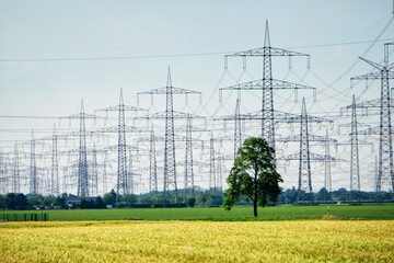A lot of high-voltage power line, transmission tower overhead line masts, high voltage pylons also...