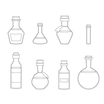 Vector contour set of flasks of various shapes. Vessels for liquid. Line Halloween or medicine elements