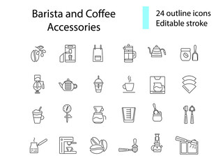 Barista and coffee accessories outline icons set. Coffee shop tools. Editable stroke. Isolated vector illustration