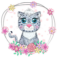 Cartoon snow leopard with expressive eyes. Wild animals, character, childish cute style.
