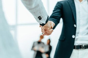 close up. businessman and businesswoman shaking hands with each other - 445788333