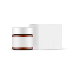 Cosmetic Amber Jar with Blank Label and Square Box Mockup Side View, Isolated on White Background. Vector Illustration