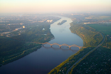 Aerial view of the city of Nizhny Novgorod and the railway bridge, the Oka River