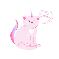 Cute pink cat with a horn. Unicorn for the design of greeting cards, stickers, printing on notebooks and clothes. Child's drawing of a cat. A magical animal. Flat vector illustration 