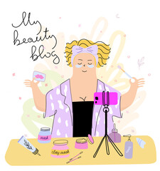 a blogger girl makes a video blog about home skin care. Beauty blogger and body positive. Vlogger record vlog streaming video, Creating video for blog or vlog. Vector in a flat style