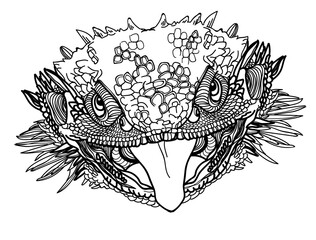 Bearded dragon. Lizard. Dragon head. Meditative coloring antistress. Stylish drawing. - 445789944