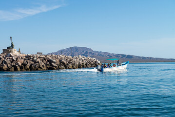 A panga sailing on the Bay of Loreto, Mexican sea of Cortes in the state of Baja California Sur, 