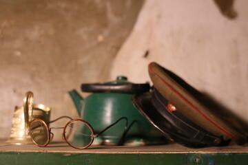 soviet still life with glasses, teapot and kgb hat