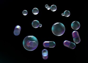 Floating capsules and pills in the air in neon light on a dark background. Realistic 3D illustration.