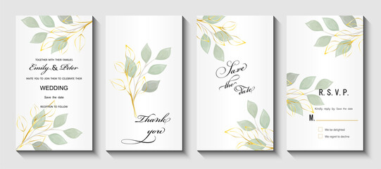 Wedding invitation with leaves eucalyptus, watercolor, isolated on white. Vector Watercolor.