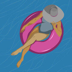 Młoda biała kobieta relaksująca się na w basenie. Widok z góry szczupłej dziewczyny w stroju kąpielowym i kapeluszu na różowym materacu w dużym basenie. Letnia wakacyjna ilustracja wektorowa.