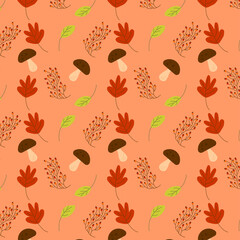 autumn patern with mushrooms, rowan and leaves on orange background