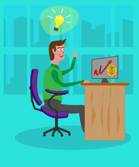 a successful and happy office worker at his desk has found a great solution to make money