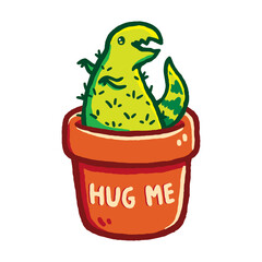 Funny green t-rex dinosaur shaped cactus plant + "hug me" text on a brown planter, kawaii cartoon art style. Cute design for stickers, greeting cards, posters, shirts. Isolated on white background.