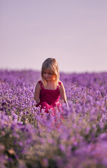 Beautiful blonde girl on lavender field