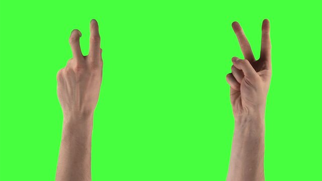 Package of 21 gestures of man hands showing different symbols on a chroma key background. The male person is making signs by wrists and fingers to represent emotions or attitude. Body language concept