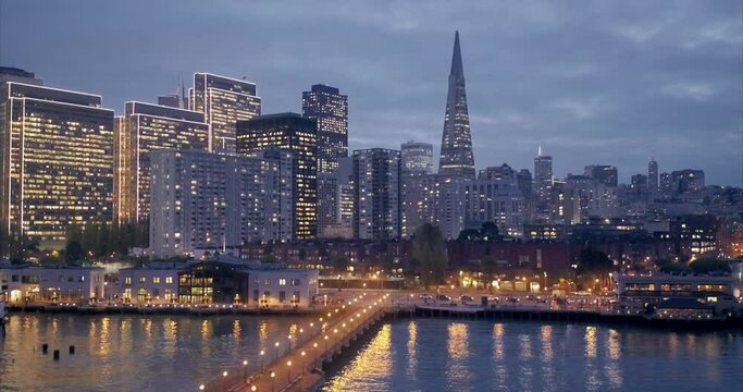 Aerial: San Francisco skyline at night. California, USA