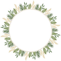circle frame with green and soft brown leaf border for wedding card