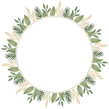 circle frame with green and soft brown leaf border for wedding card