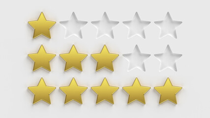 Five star rating. Gold stars on a white background. Rate a company or app online. 5 gold stars for customer quality review illustration.