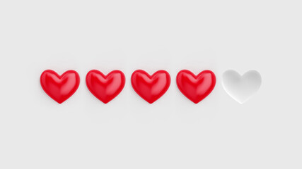 Five heart rating. Four of five red hearts. Rating consisting of red hearts on a white background.
