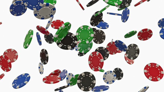Falling poker chips on a white background.