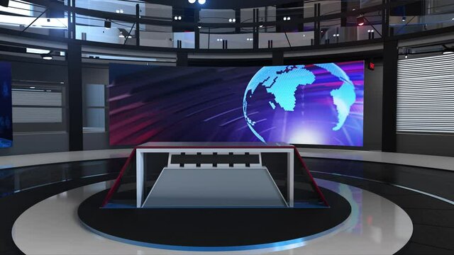 3d virtual news studio background loop,	
3D rendering background is perfect for any type of news or information presentation. The background features a stylish and clean layout