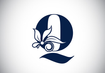 Floral monogram letter Q. Initial alphabet with botanical elements. Font emblem. Vector illustration for wedding invitations, greeting cards, logos, posters, and other designs.