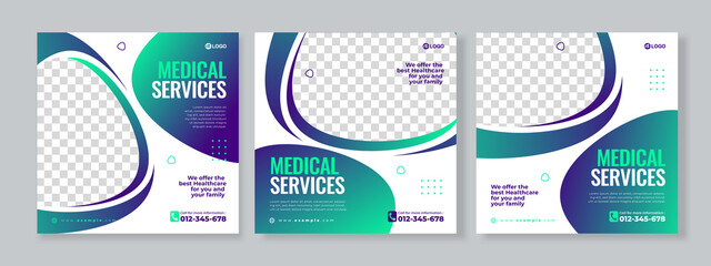 Set of three medical social media pack template premium vector