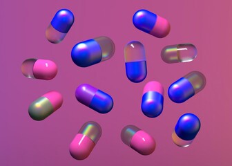 Heap of colorful capsules in the air. 3D illustration.