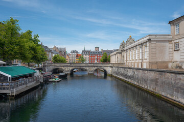 Fototapeta na wymiar Frederikholms Canal, Marble Bridge and Christiansborg Palace Entrance - Copenhagen, Denmark