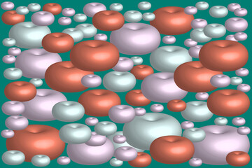 Vector green background with 3d spherical pastel multicolored geometric shapes. Pink, terra cotta orange and light color. Imitation of molecule, vaccine, candy, bubble, sugared almond, ball, vitamin.