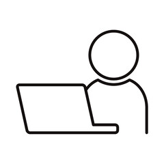 ノートパソコンを使用する人物のシンプルな白黒細線アイコン/白背景