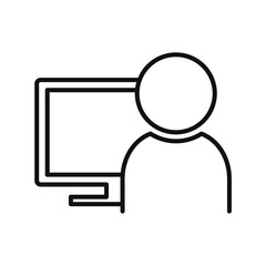 デスクトップパソコンを使用する人物のシンプルな白黒細線アイコン/白背景