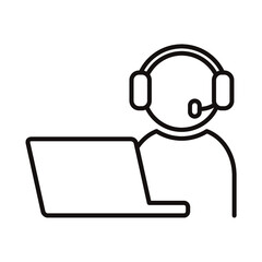 ヘッドセットをした人物とノートPCのシンプルな白黒細線アイコン/白背景