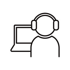 ヘッドフォンをしてノートパソコンを使用する人物のシンプルなアイコン/白黒