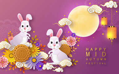 Mid Autumn festival moon goddess chang e with rabbit and moon, mooncake ,flower,chinese lanterns with gold paper cut style on color Background. ( Chinese Translation : Mid Autumn festival )