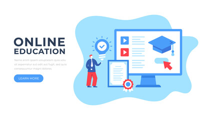 Online education. Cartoon character and computer with online learning website. Elearning, digital learning, online tutorials, video courses, e-learning concepts. Flat design. Vector illustration