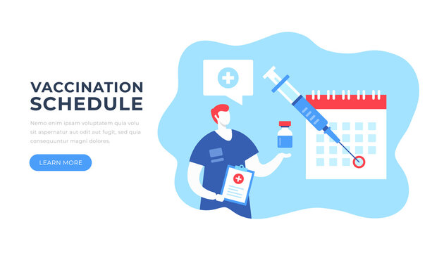 Vaccination schedule. Medical worker with clipboard, vaccine bottle and calendar with syringe. Vaccination appointment, vaccine schedule, immunization concepts. Flat design. Vector illustration