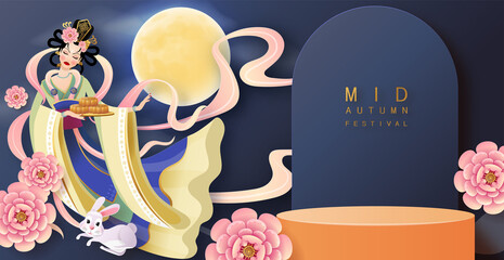 3d products podium mid autumn festival holiday or chinese new year, chinese festivals vector design with paper art ,flower, moon, rabbit, and asian elements with craft style on background.