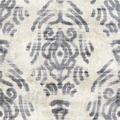 Seamless grungy tribal ethnic rug motif pattern. High quality illustration. Distressed old looking native style design in shades of gray and cream. Old artisan textile seamless pattern.