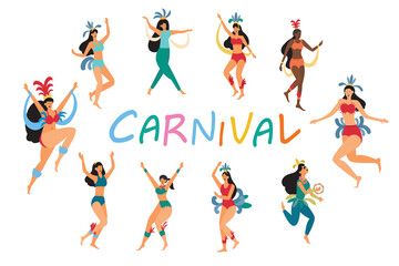 flat illustration Brazilian people dancing in carnival During the summer season, the parade is dressed in a variety of colors.